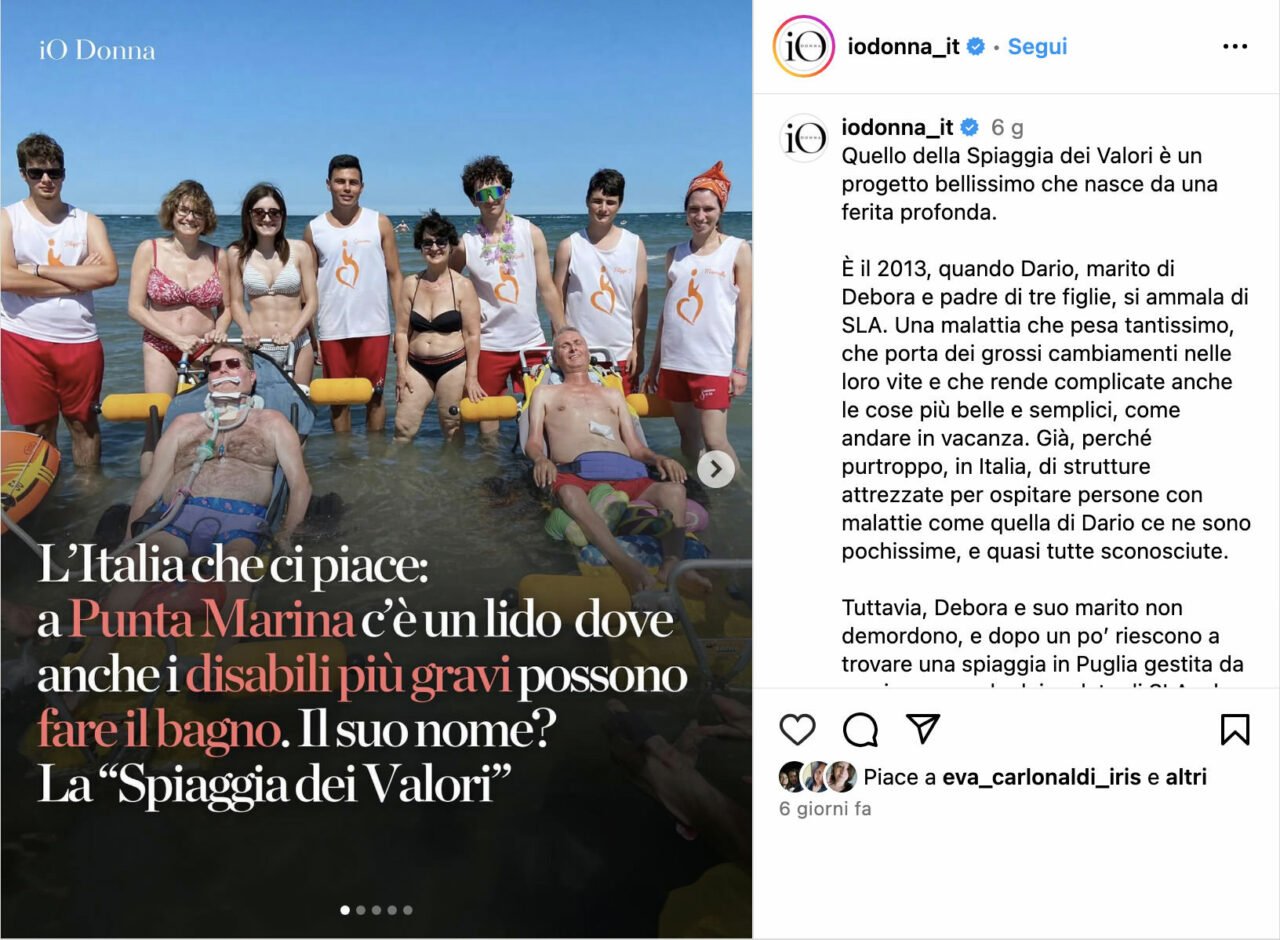 L’Italia che ci piace: a Punta Marina c’è un lido dove anche i disabili più gravi possono fare il bagno. Il suo nome? La “Spiaggia dei Valori” [Io Donna (Instagram)]