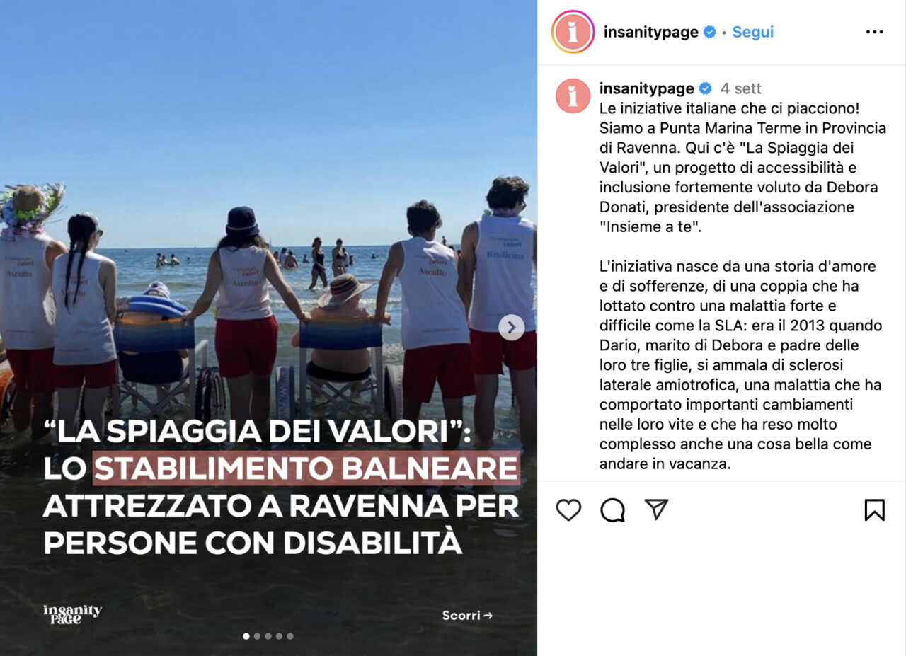 “La spiaggia dei Valori”: lo stabilimento balneare attrezzato a Ravenna per persone con disabilità [Insanitypage (Instagram)]