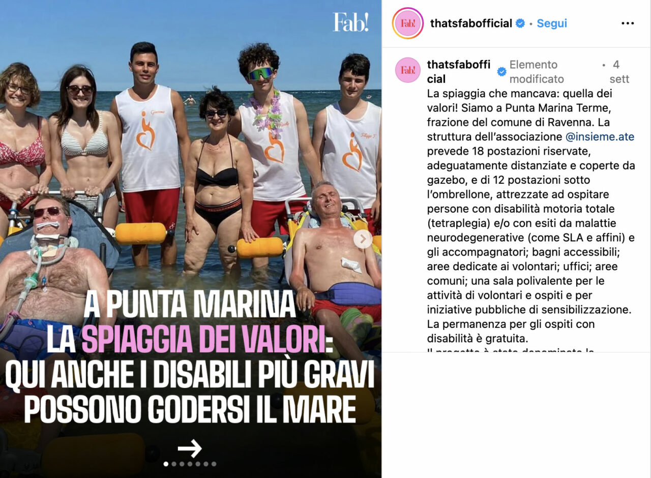 A Punta Marina la spiaggia dei Valori: qui anche i disabili più gravi possono godersi il mare [thatsfabofficial (Instagram)]